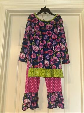 Girls Navy Floral & Pink Polka Dot Matching Set with Lime Accents